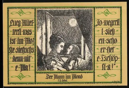 Notgeld Schopfheim 1921, 50 Pfennig, Der Mann im Mond nach J. P. Hebel und Porträt einer Frau mit traditioneller Haube