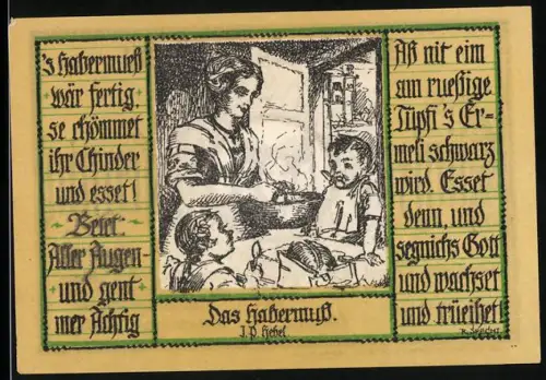 Notgeld Schopfheim 1921, 50 Pfennig, Frau beim Servieren von Muss an Kinder, Portrait einer Frau mit Tracht