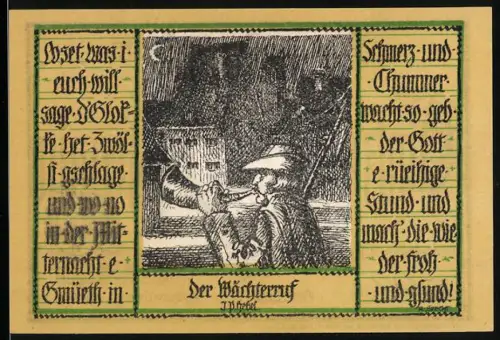 Notgeld Schopfheim 1921, 50 Pfennig, Stadtwächter mit Horn und Frau in traditioneller Kleidung