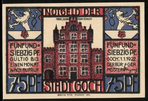 Notgeld Goch 1922, 75 Pf., Haus Zu Den Fünf Ringen und Warenhaus Deutschland