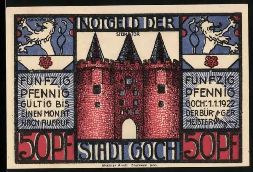 Notgeld Goch 1921, 50 Pfennig, Steintor und Landkarte mit Nordseeküste