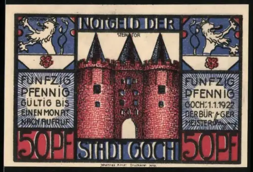 Notgeld Goch 1922, 50 Pfennig, Steintor und Schmuggler im Dickicht an der niederländischen Grenze