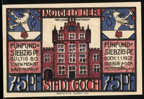 Notgeld Goch 1922, 75 Pf., Rathaus und Schmuggler an der Grenze zu Holland
