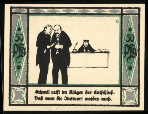 Notgeld Mülsen-St. Jakob 1921, 50 Pfennig, zwei Löwen mit Wappen und Justizszene