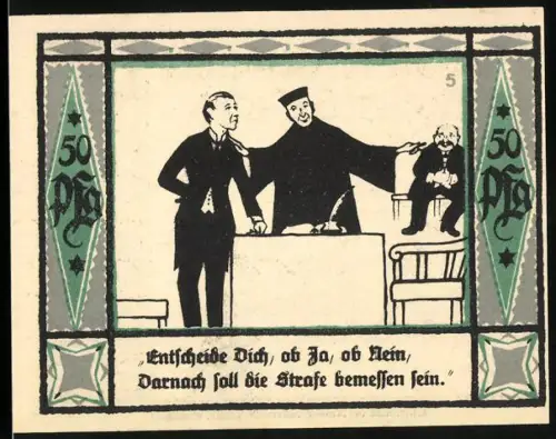 Notgeld Mülsen-St. Jakob 1921, 50 Pfennig, Gerichtsszene, Wappen mit zwei Löwen