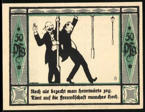 Notgeld Mülsen-St. Jakob 1921, 50 Pfennig, feiernde Männer und Wappen mit zwei Löwen