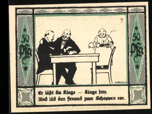 Notgeld Mülsen St. Jakob 1921, 50 Pf., zwei Männer am Tisch, servierende Person, Löwen mit Wappen