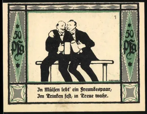 Notgeld Mülsen-St. Jakob 1921, 50 Pfennig, zwei Männer mit Bierkrügen, Wappen mit zwei Löwen