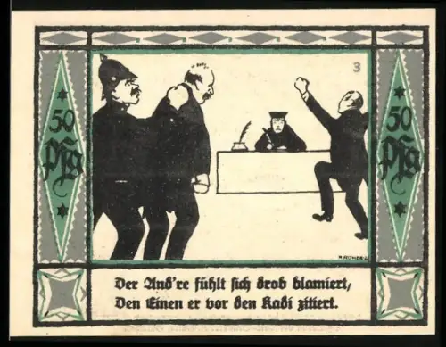 Notgeld Mülsen St. Jakob 1921, 50 Pf., Angeklagter wird vor Gericht gebracht und Wappen mit zwei Löwen