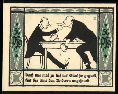 Notgeld Mülsen St. Jakob 1921, 50 Pf., zwei streitende Männer und zwei Löwen mit Wappen