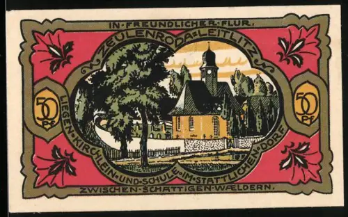 Notgeld Zeulenroda, 1921, 50 Pfennig, Kirche und Landschaft, Stadtwappen mit Löwe