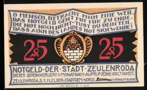 Notgeld Zeulenroda 1921, 25 Pf., Ortsansicht und Wappen mit Löwe