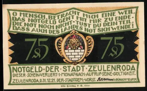Notgeld Zeulenroda 1921, 75 Pfennig, Wappen mit Löwe und Kriegsdarstellung im Vogtland