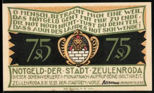 Notgeld Zeulenroda 1921, 75 Pfennig, Wappen und historische Szene Stadt als Mitgift an das Haus Greiz