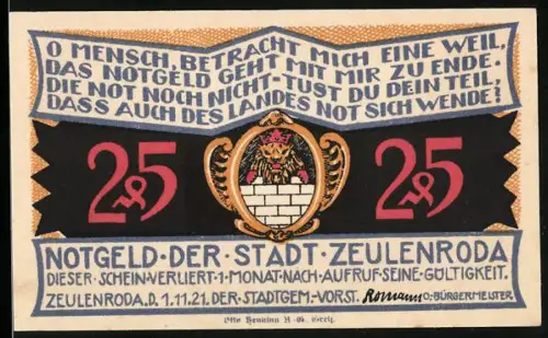 Notgeld Zeulenroda 1921, 25 Pf., Löwenwappen und Ortsansicht mit Kirche