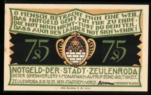 Notgeld Zeulenroda 1921, 75 Pfennig, Stadtwappen und 5 Stadtbrände 1566-1818