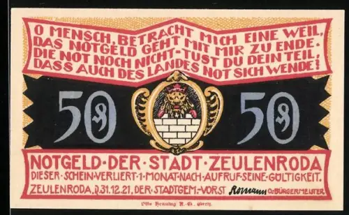 Notgeld Zeulenroda 1921, 50 Pfennig, Löwenwappen und Linde mit Häusern im Hintergrund