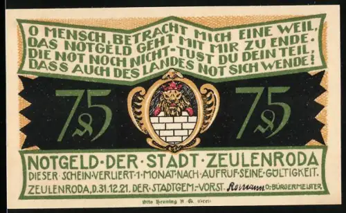 Notgeld Zeulenroda 1921, 75 Pfennig, Löwenwappen und historischer Kampf zwischen Gilden und Zünften 1792