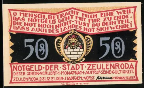 Notgeld Zeulenroda 1921, 50 Pf., Fachwerkhaus in Weckersdorf und Wappen mit Löwenmotiv