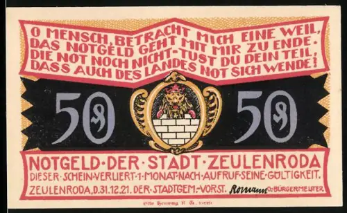 Notgeld Zeulenroda 1921, 50 Pf., Kirche und Hof, Stadtwappen mit Löwe