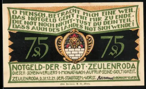 Notgeld Zeulenroda 1921, 75 Pfennig, Wappen mit Löwe und Wassernot-Szene