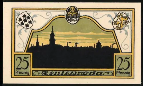 Notgeld Zeulenroda 1921, 25 Pfennig, Stadtsilhouette und Wappen mit Löwe