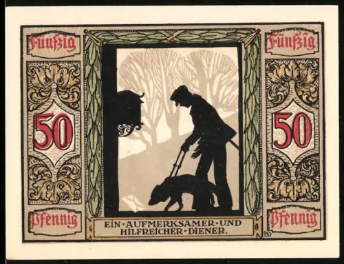 Notgeld Oldenburg i. O. 1921, 50 Pfennig, Führhund für Kriegsblinde, Silhouetten und Hundemotiv