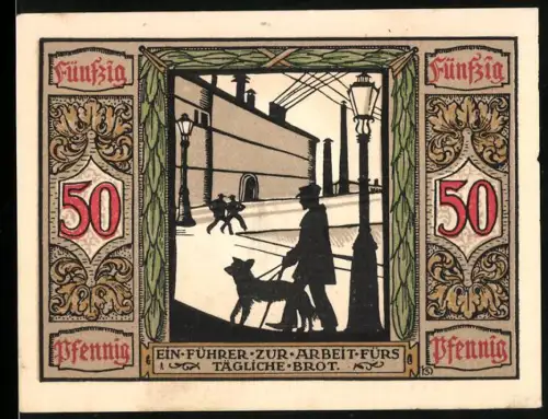 Notgeld Oldenburg i. O. 1921, 50 Pfennig, Führhund für Kriegsblinde, Hund mit Herrchen und Spazierstock