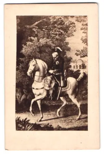 Fotografie unbekannter Fotograf und Ort, König Friedrich II. von Preussen zu Pferd, der alte Fritz, nach einem Gemälde
