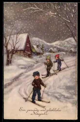 AK Drei kleine Skiläufer in verschneiter Ortschaft, Neujahrsgruss