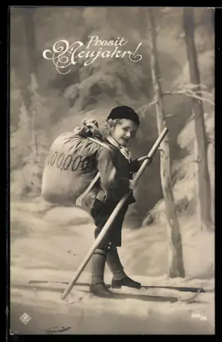 AK Kleiner Skiläufer mit Geld-Rucksack, Neujahrsgruss