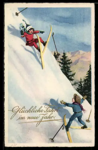 AK Turbulente Anfahrt eines kleinen Skiläuferpaares, Neujahrsgruss