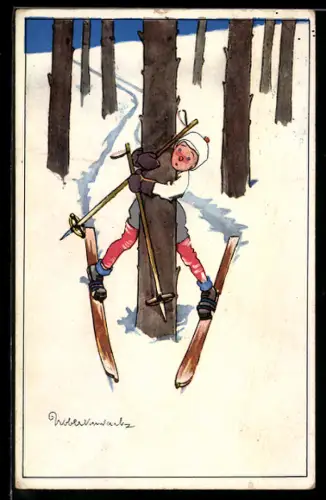Künstler-AK Skifahrer hält sich an einem Baum fest