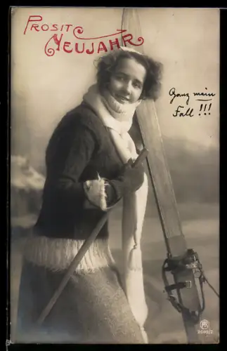 AK Junge Dame mit Ski vor Berglandschaft, Neujahrsgruss