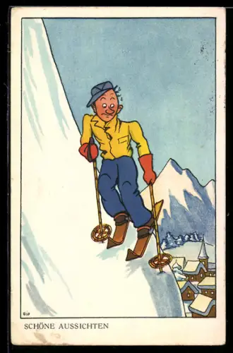 AK Schöne Aussichten, Skiläufer am Steilhang, Karikatur