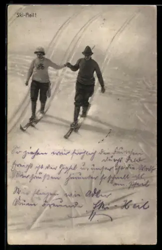 AK Ski-Heil!, Paar Hand in Hand auf Skiern