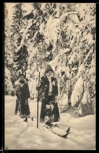 AK Zwei Damen auf Skiern vor schneebedeckten Tannen