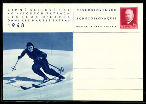 AK Jeux d`Hiver dans les Hautes Tatras 1948, Skiläuferin bei der Abwärtsfahrt, Ganzsache