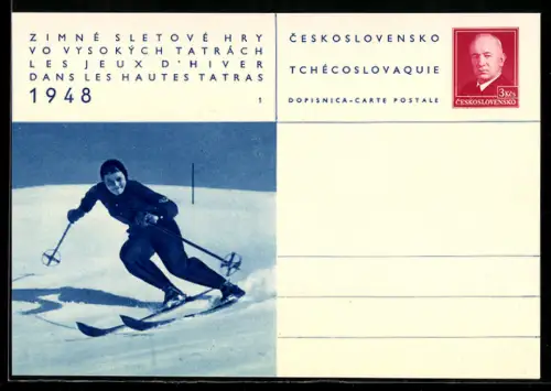 AK Jeux d`Hiver dans les Hautes Tatras 1948, Skiläuferin bei Abwärtsfahrt, Ganzsache