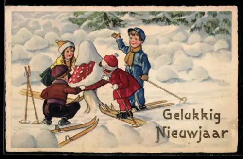 AK Kindergruppe auf Skiern vor schneebedecktem Fliegenpilz, Neujahrsgruss