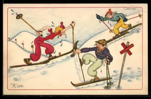 AK Skiläufer und Skiläuferin auf beschwerlicher Fahrt, Karikatur