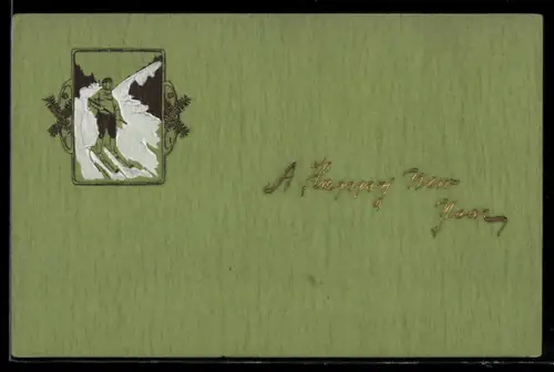 Präge-AK Skiwanderer in den Bergen, Neujahrsgruss