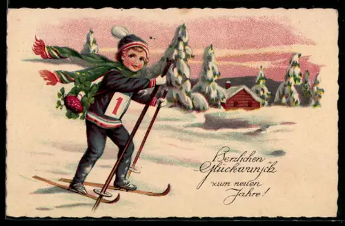 AK Kleiner Skiläufer mit Fliegenpilz, Glücksklee, Kalenderblatt, Neujahrsgruss