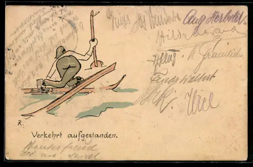AK Verkehrt aufgestanden, Skiläufer mit gekreuzten Beinen, Karikatur