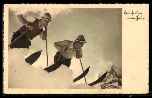 AK Zwei Skiläufer vor dem Sprung, Neujahrsgruss