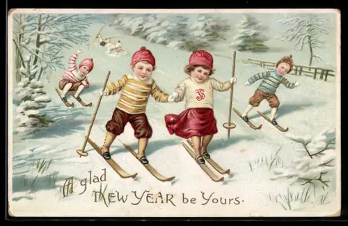 AK Kleine Skiläufer bei der Abwärtsfahrt, Neujahrsgruss