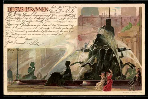 Künstler-Lithographie Heinrich Kley: Berlin, Begas-Brunnen mit Spaziergängern
