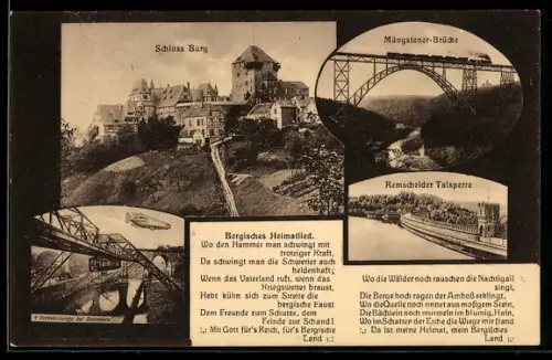 AK Solingen, 4 Verkehrswege b. Sonnbron m. Zeppelin, Schwebebahn, Strassenbahn