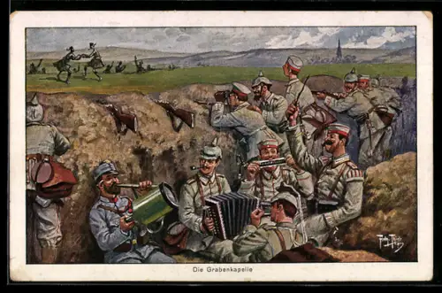 Künstler-AK Arthur Thiele: Die Grabenkapelle, deutsche Soldaten musizieren im Schützengraben