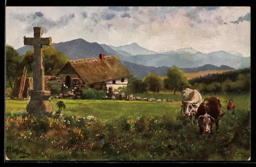 Künstler-AK H. Hoffmann: Drei Ähren, Bauernhaus am grossen Hohnack